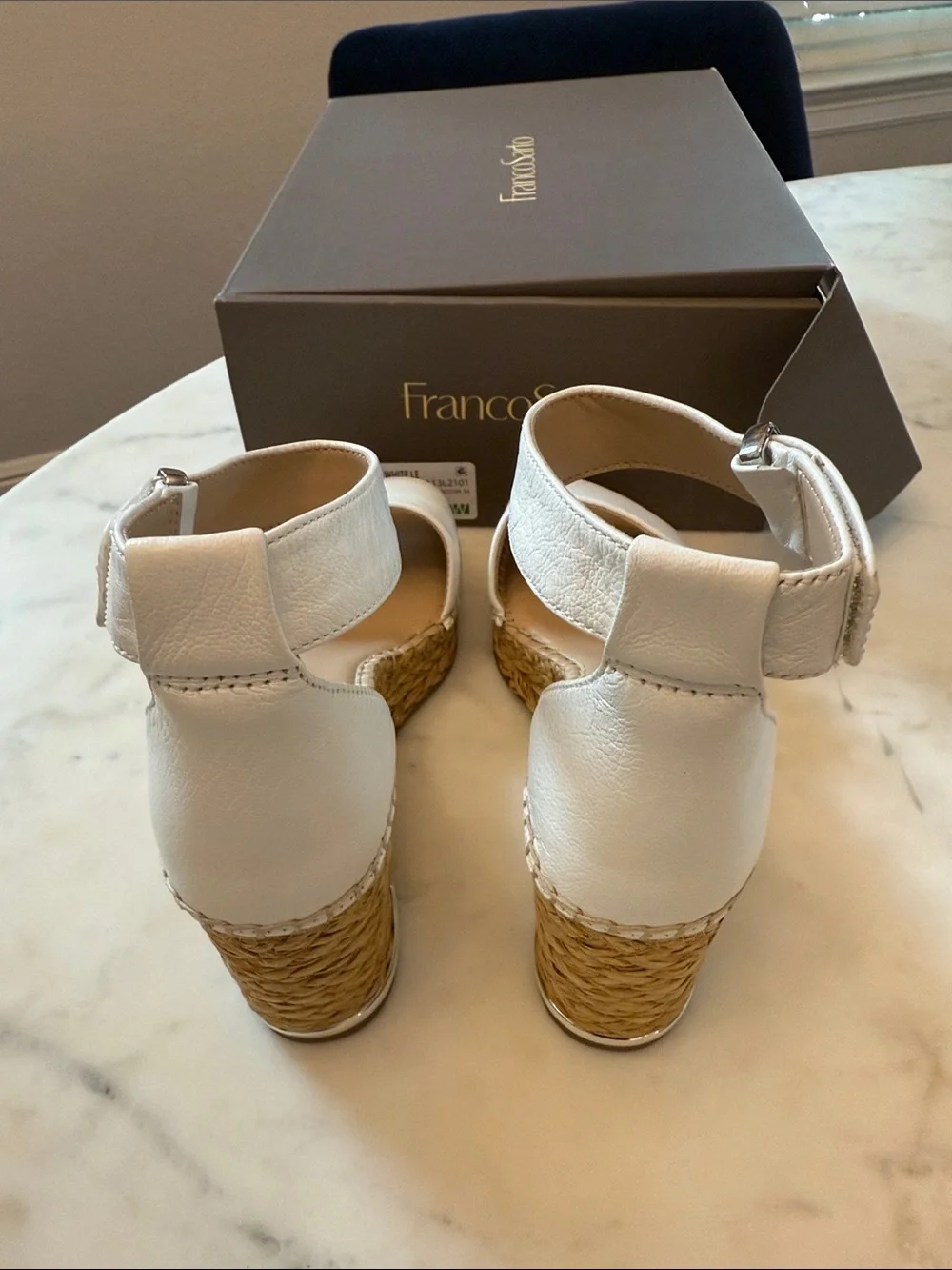 Franco Sarto White Leather Wedge Sandals with Ankle Strap